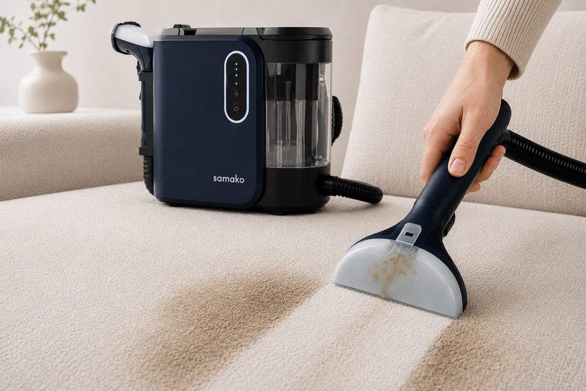 Samako PowerClean Pro cleaning a beige sofa