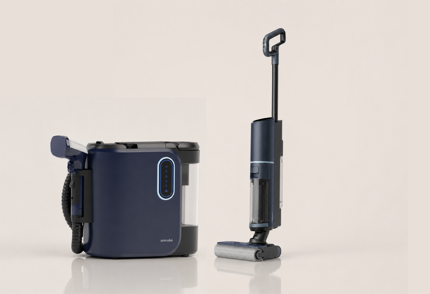 Samako PowerClean Pro and cordless wet-dry vacuum on a beige background