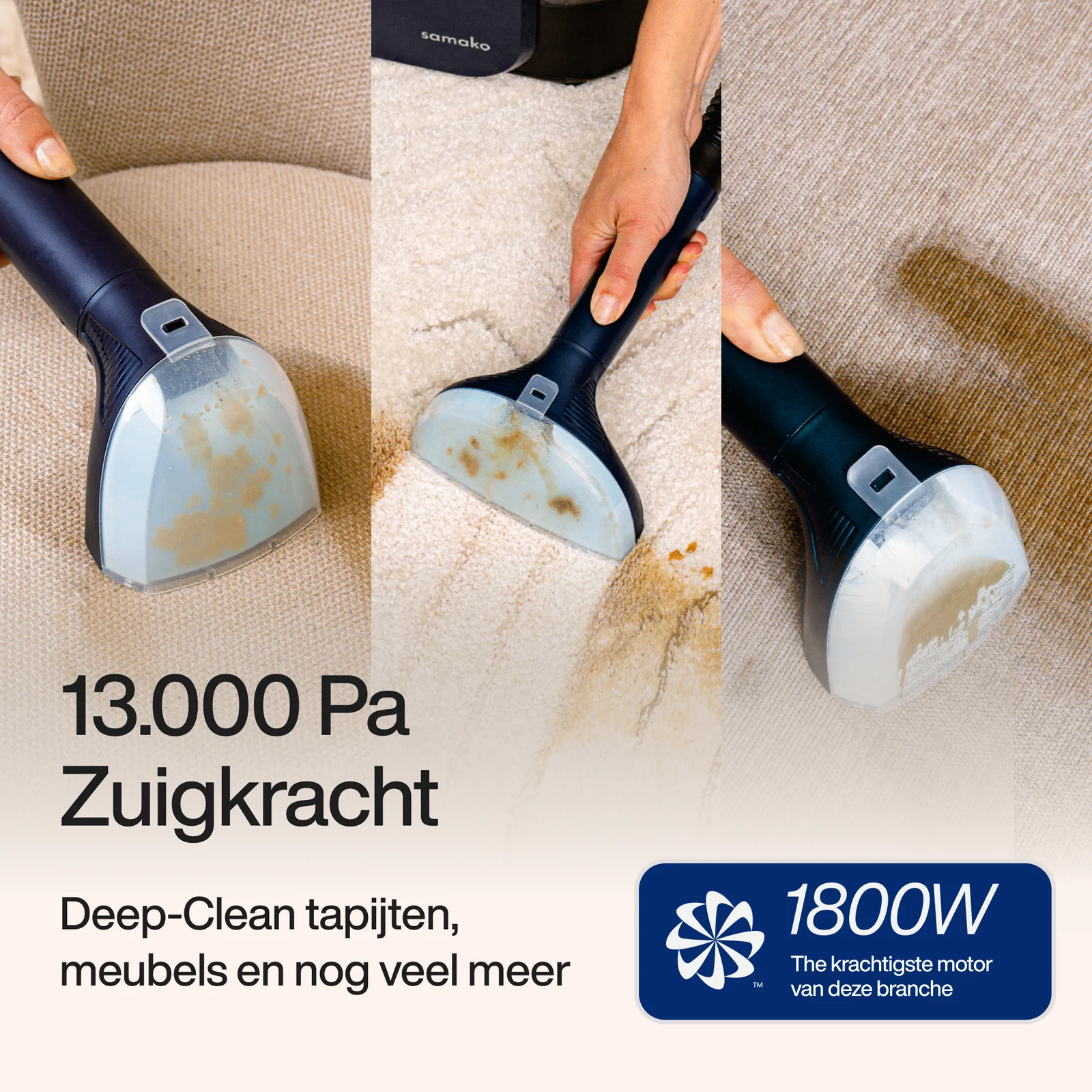 13.000 Pa zuigkracht – deep clean tapijten en meubels